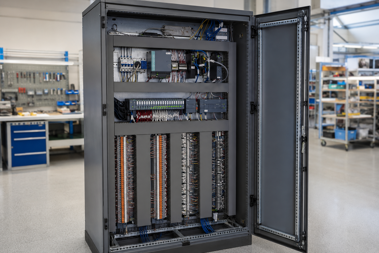 Industrial control panel with PLC and electrical components
